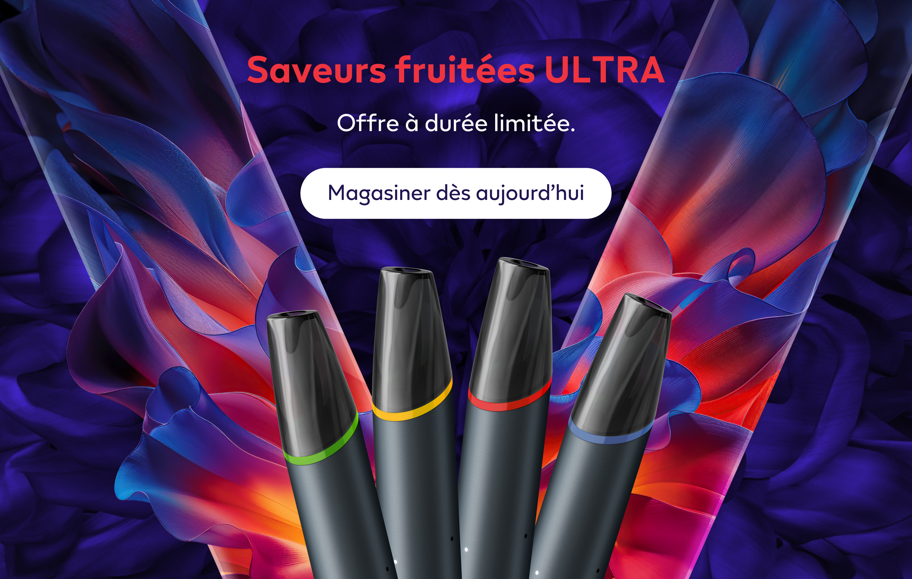 4 appareils VEEV NOW ULTRA 2 ml sur fond bleu foncé et un « V » coloré.